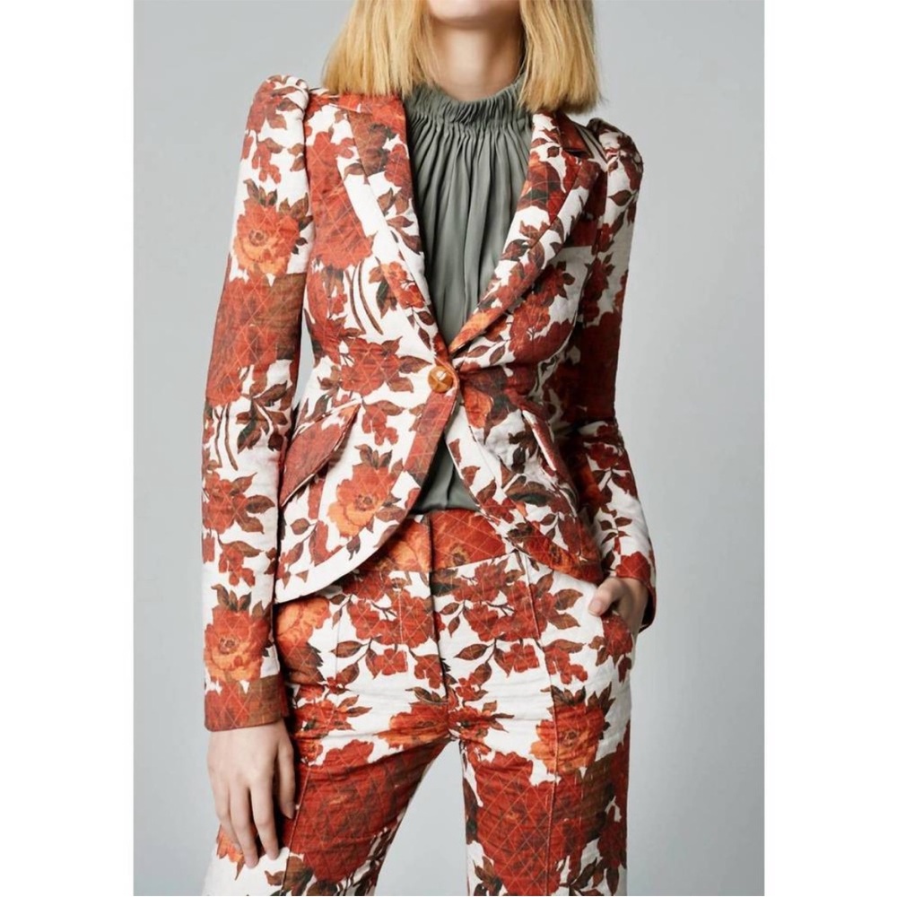 SMYTHE taped pouf sleeve one button blazer in Orange White rust floral Sz 4 - Picture 13 of 13